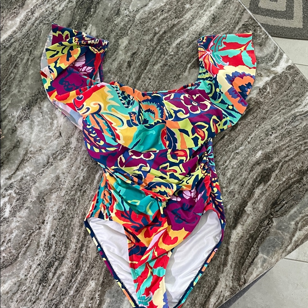 Tahari Multicolor Floral One Piece Swimsuit with ruffle at top